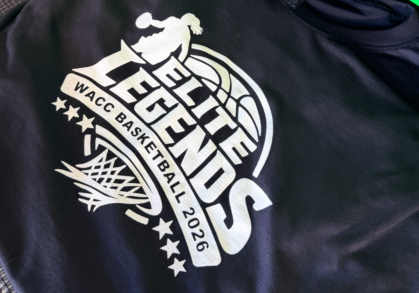 Navy custom printed Elite Legends WACC Basketball 2026 team t-shirt