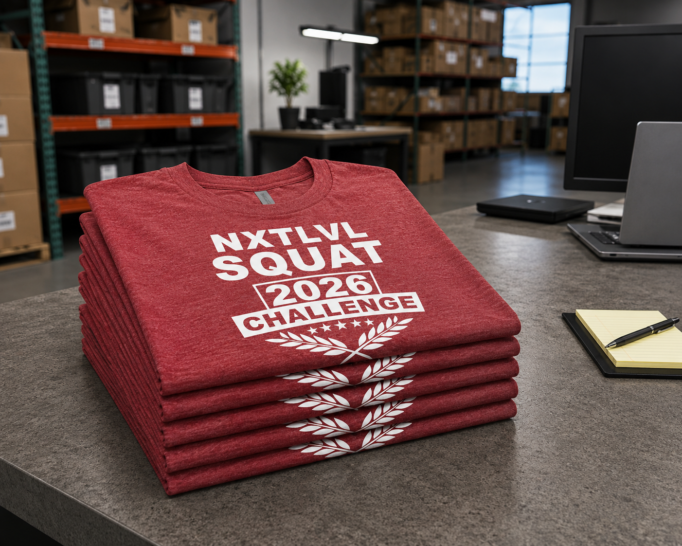 Stack of folded red custom printed NXTLVL Squat Challenge t-shirts